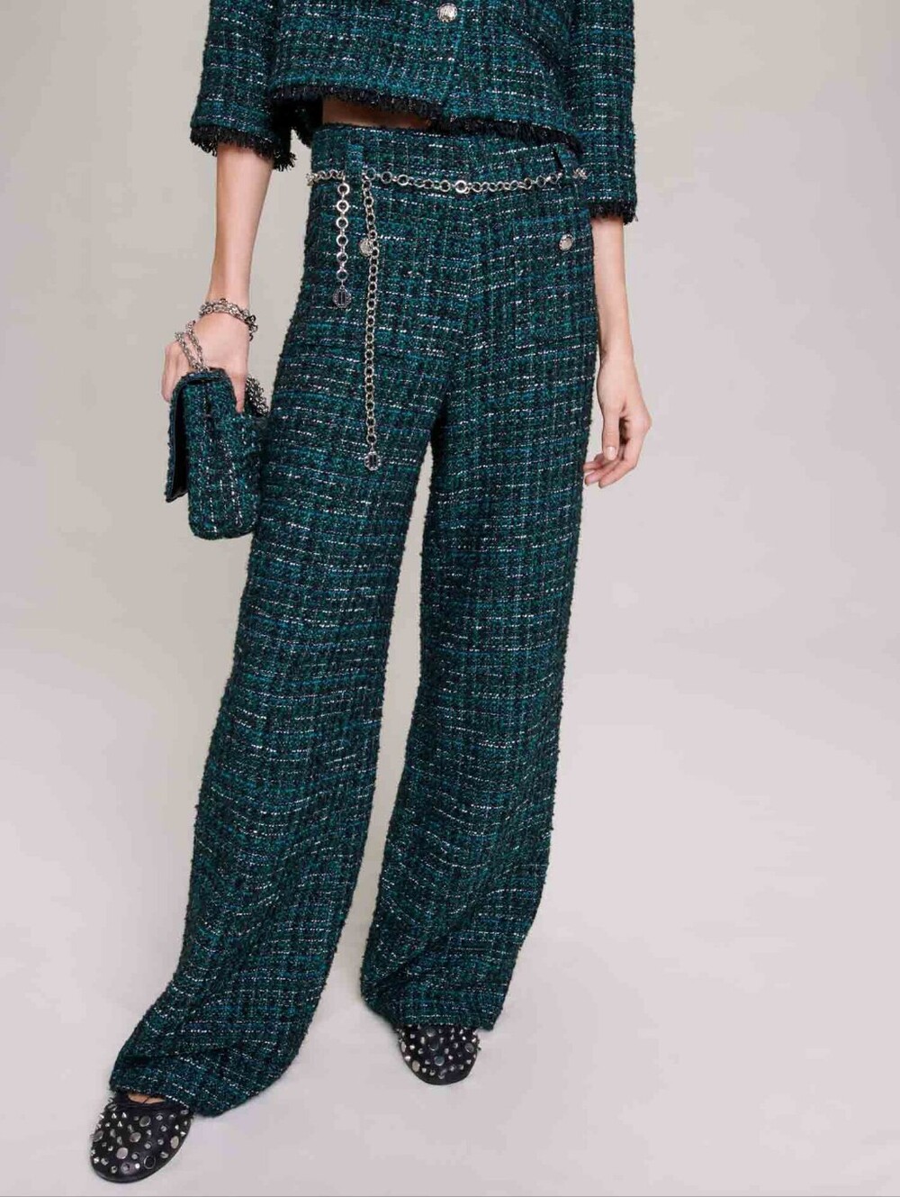 Maje Bottle Green Tweed Wide-Leg Trousers Sz 36 GUC